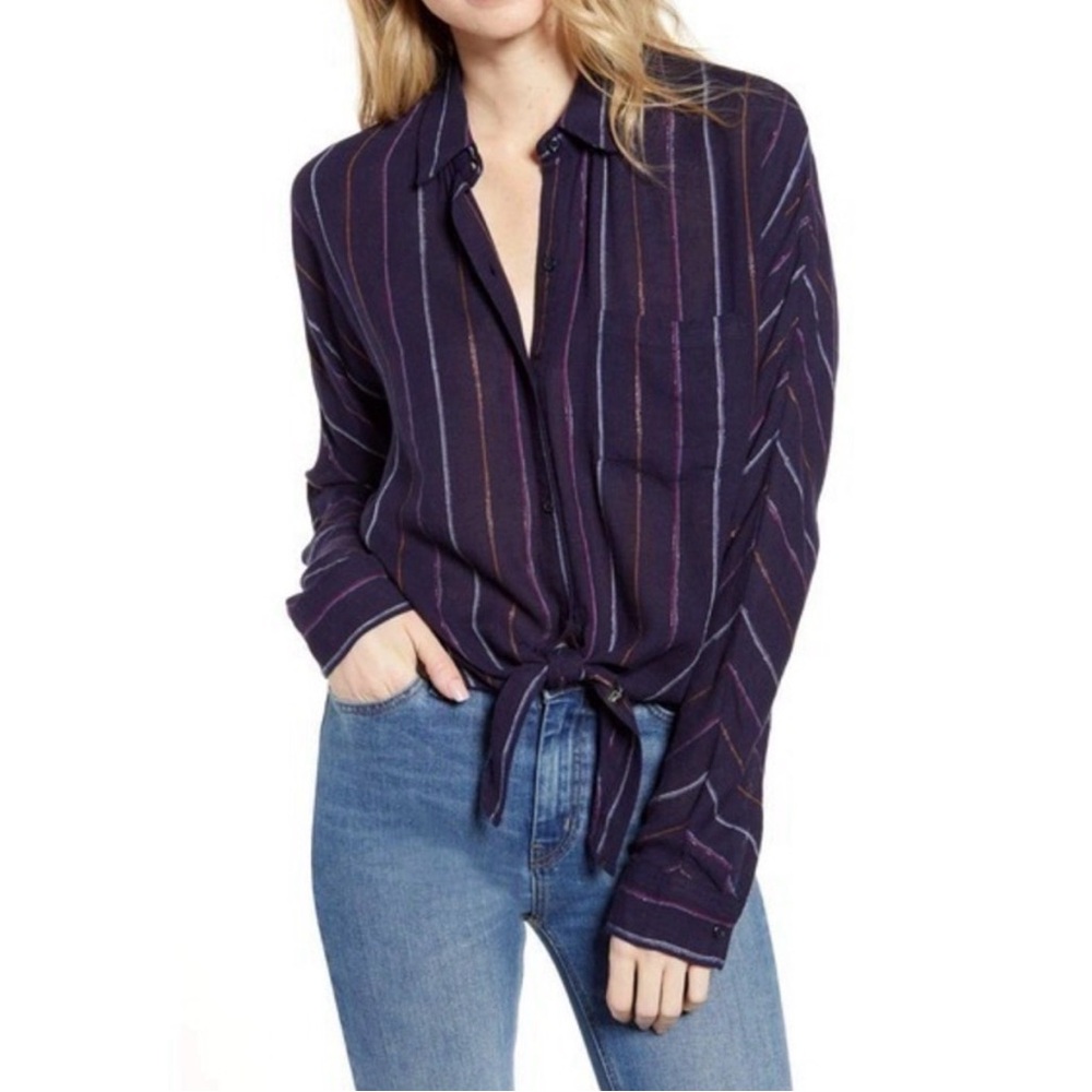 Rails Navy Blue With Multi Color Stripes Rylan Santiago Button Up Blouse Top M